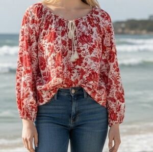 Ralph Lauren Red & White Floral Peasant Top 4051